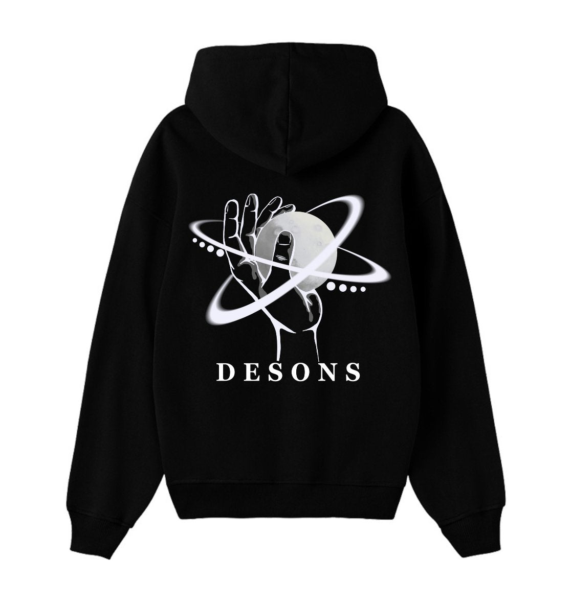 Oversized zwarte hoodie voor heren en dames van DESONS, met een opvallende witte print van een hand die een planeet vasthoudt en orbitale lijnen. Luxe streetwear hoodie.