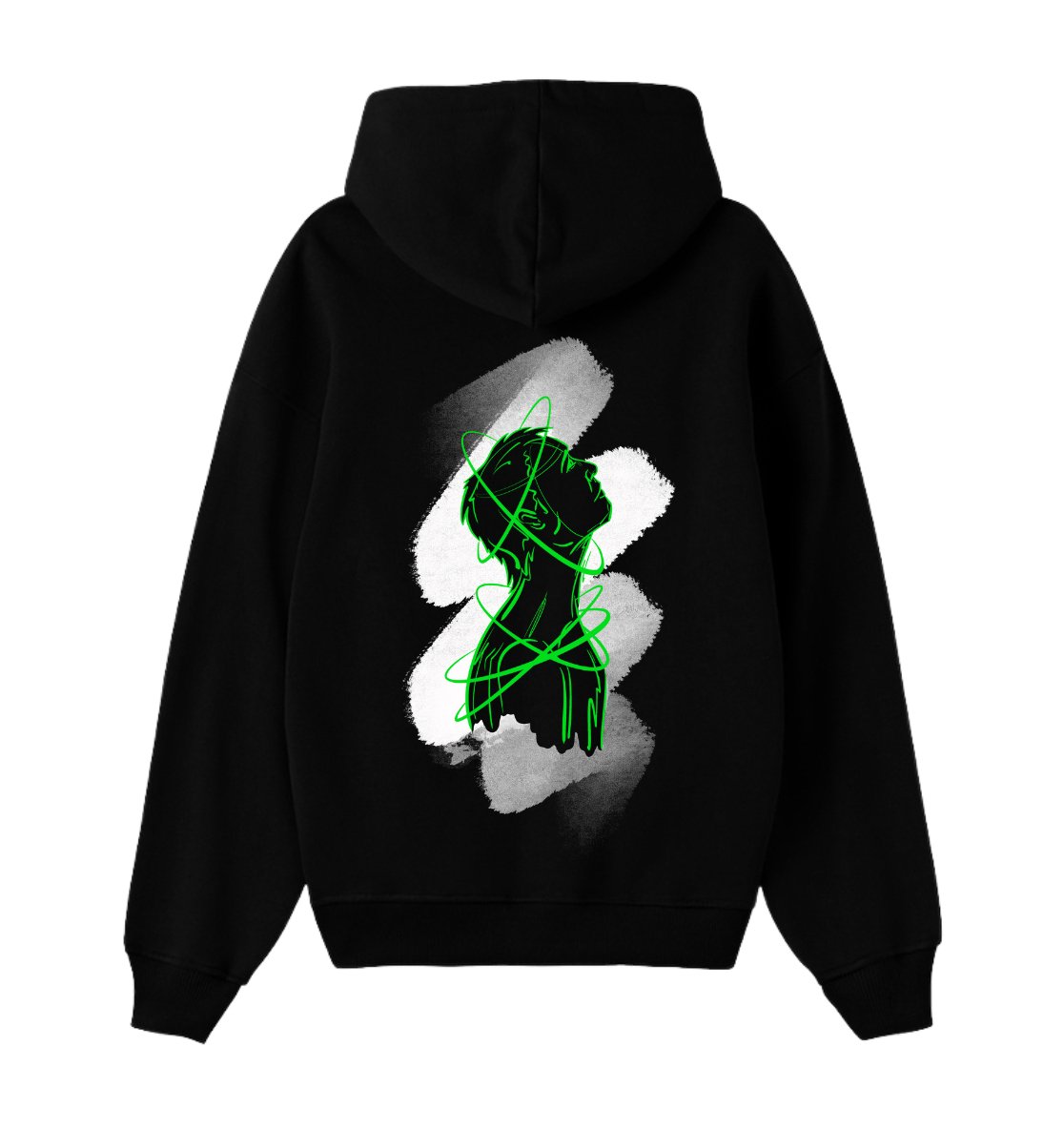 Oversized zwarte hoodie voor heren en dames van DESONS, met een opvallend neon portretontwerp in groen en witte accenten op de achterkant. Luxe streetwear hoodie.