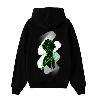 Oversized zwarte hoodie voor heren en dames van DESONS, met een opvallend neon portretontwerp in groen en witte accenten op de achterkant. Luxe streetwear hoodie.