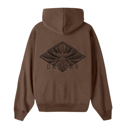 Oversized bruine hoodie voor heren en dames van DESONS, met een opvallende witte print van een vliegende duif in een geometrisch ontwerp op de achterkant. Luxe streetwear hoodie.
