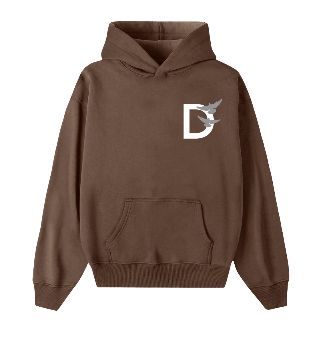 Oversized bruine hoodie voor heren en dames van DESONS, met een minimalistisch wit duiflogo op de borst. Luxe streetwear hoodie.