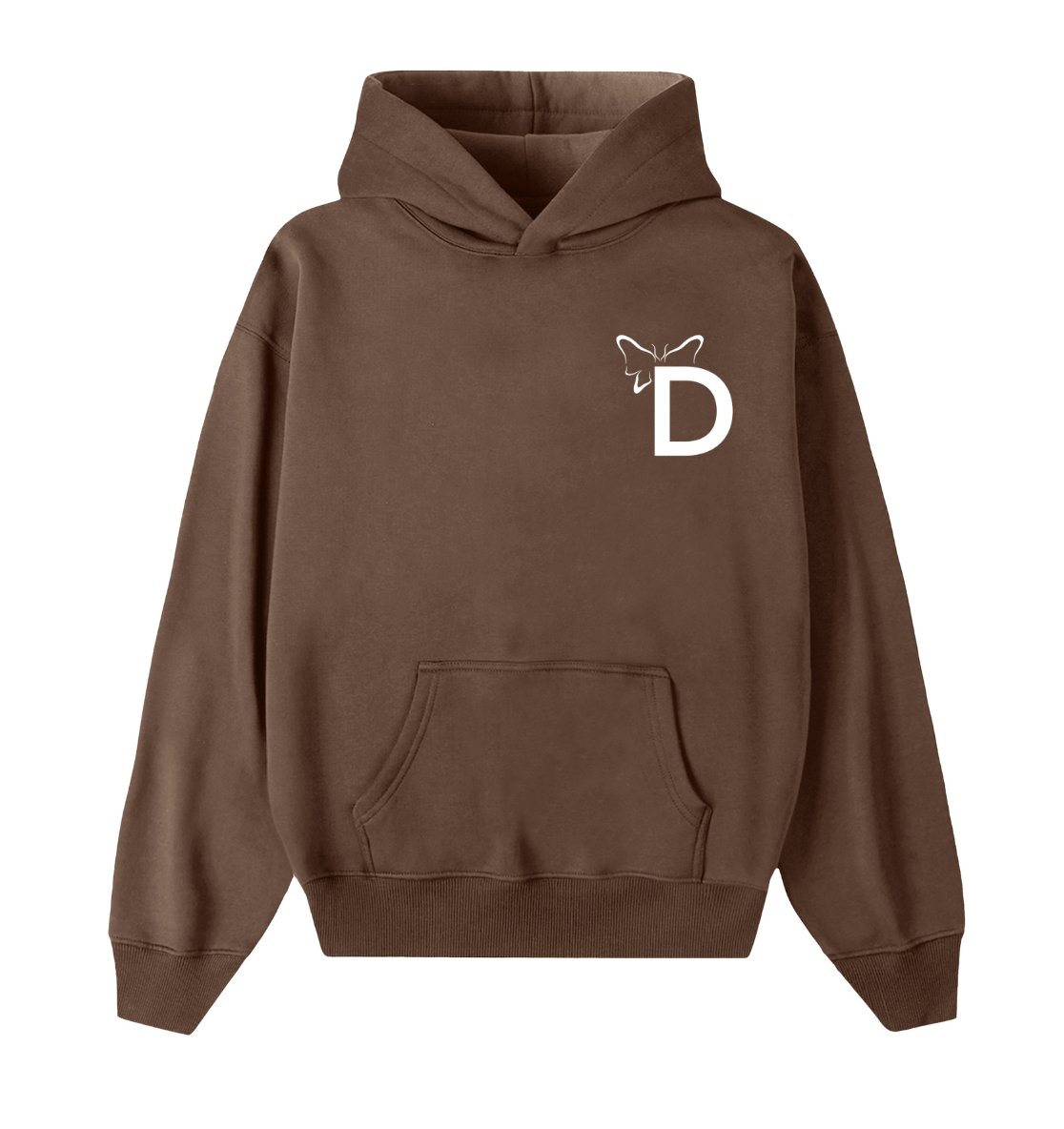 Oversized bruine hoodie voor heren en dames van DESONS, met een minimalistisch vlinderlogo op de borst. Luxe streetwear hoodie.