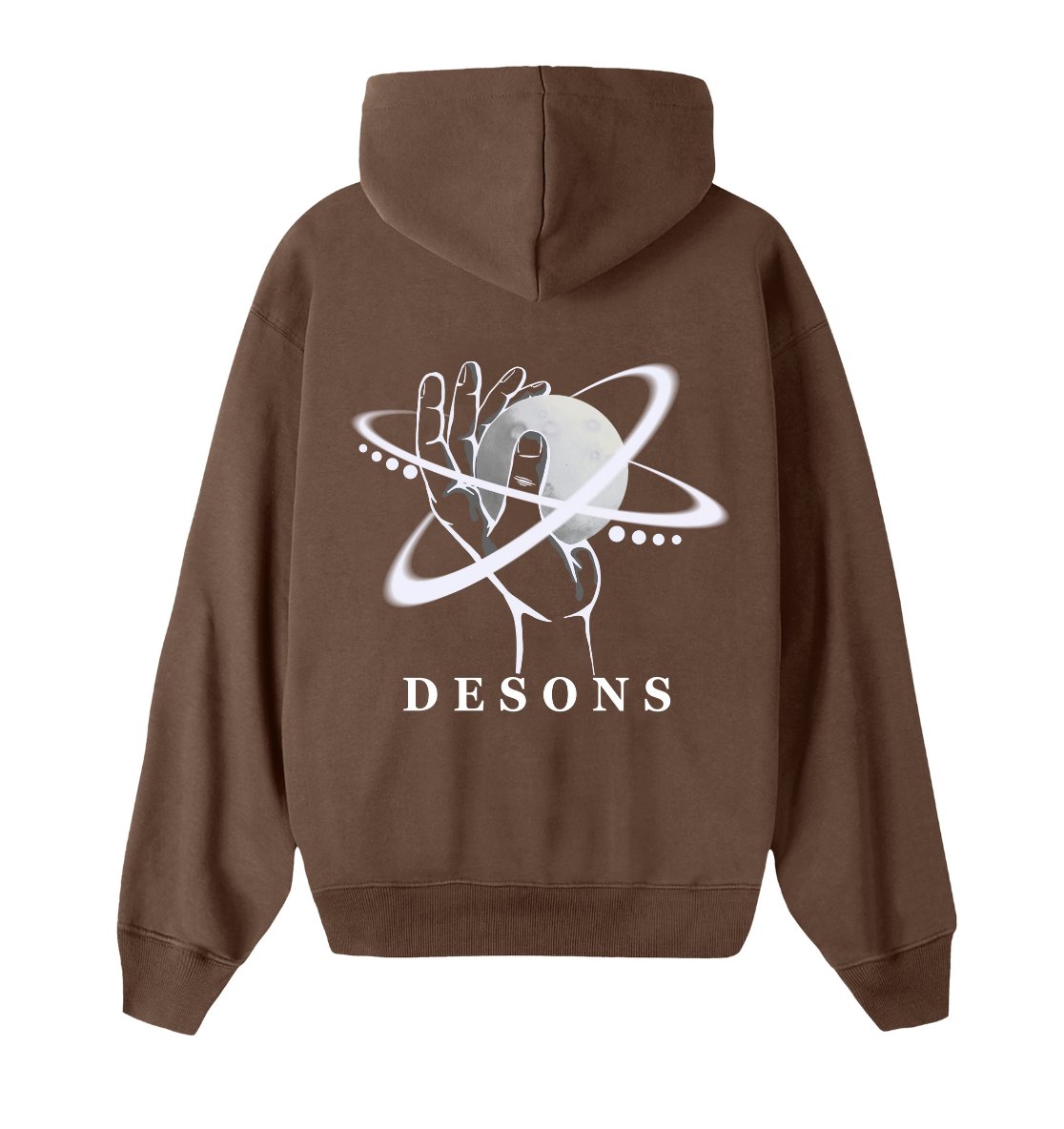 Oversized bruine hoodie voor heren en dames van DESONS, met een opvallende witte print van een hand die een planeet vasthoudt en orbitale lijnen. Luxe streetwear hoodie.