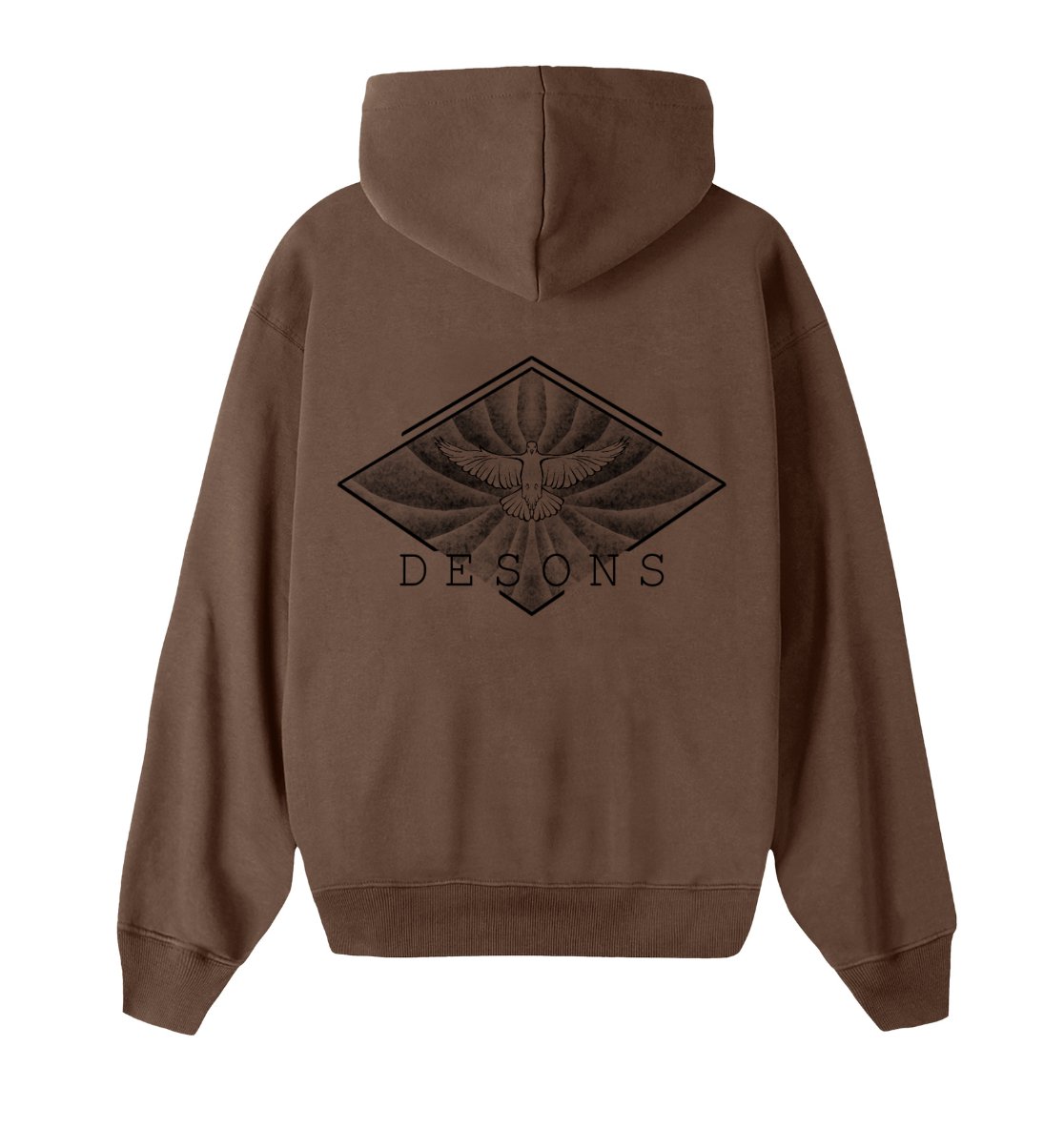 Oversized bruine hoodie voor heren en dames van DESONS, met een opvallende witte print van een vliegende duif in een geometrisch ontwerp op de achterkant. Luxe streetwear hoodie.