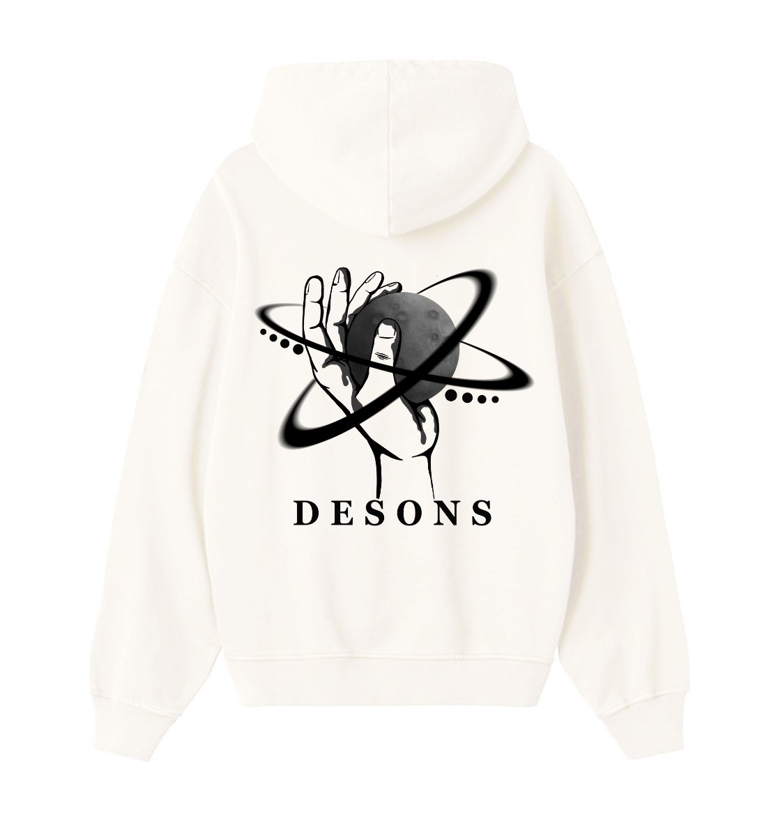 Oversized creme hoodie voor heren en dames van DESONS, met een opvallende witte print van een hand die een planeet vasthoudt en orbitale lijnen. Luxe streetwear hoodie.