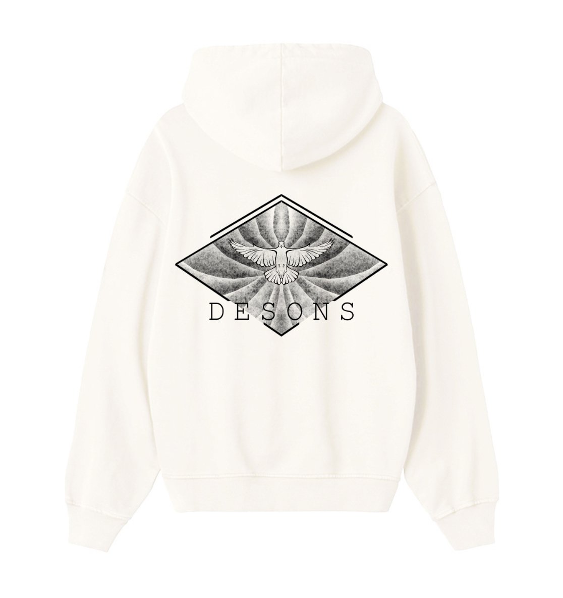 Oversized creme hoodie voor heren en dames van DESONS, met een opvallende witte print van een vliegende duif in een geometrisch ontwerp op de achterkant. Luxe streetwear hoodie.