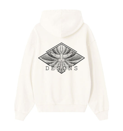 Oversized creme hoodie voor heren en dames van DESONS, met een opvallende witte print van een vliegende duif in een geometrisch ontwerp op de achterkant. Luxe streetwear hoodie.