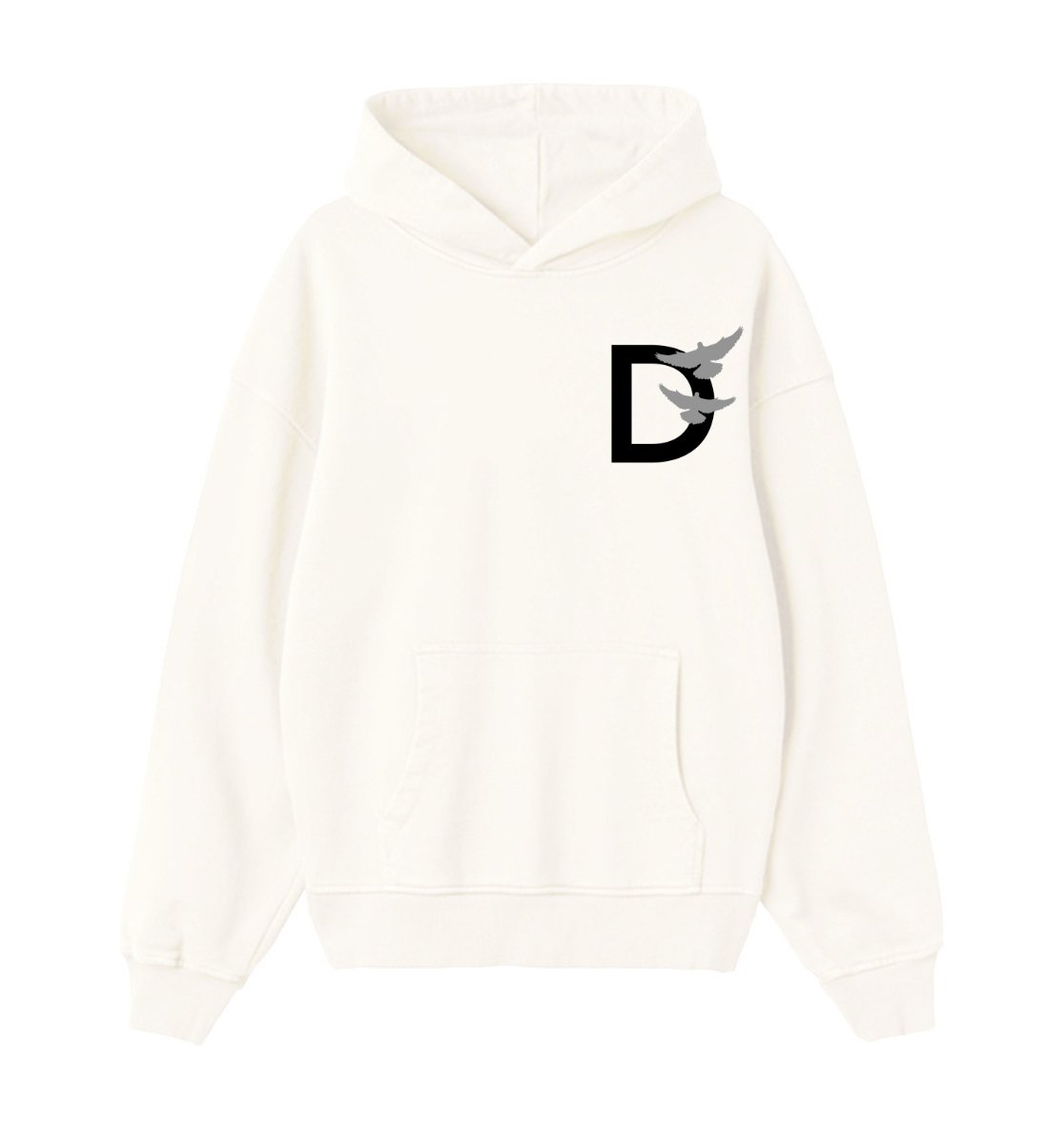 Oversized creme hoodie voor heren en dames van DESONS, met een minimalistisch wit duiflogo op de borst. Luxe streetwear hoodie.