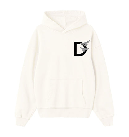 Oversized creme hoodie voor heren en dames van DESONS, met een minimalistisch wit duiflogo op de borst. Luxe streetwear hoodie.