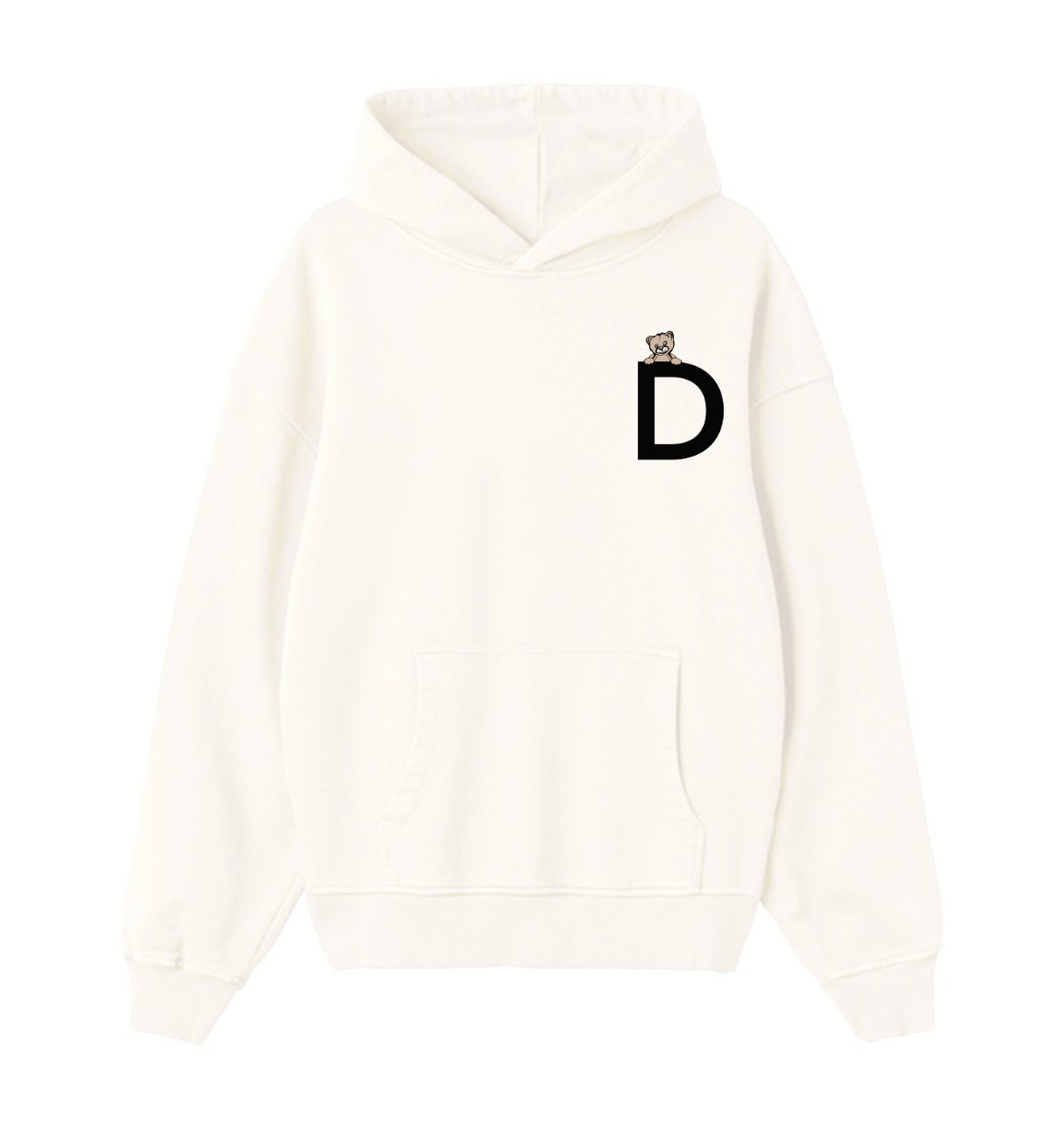 Oversized hoodie in creme voor heren en dames van DESONS, met een minimalistisch wit logo en teddybeeraccent op de borst. Luxe streetwear hoodie.