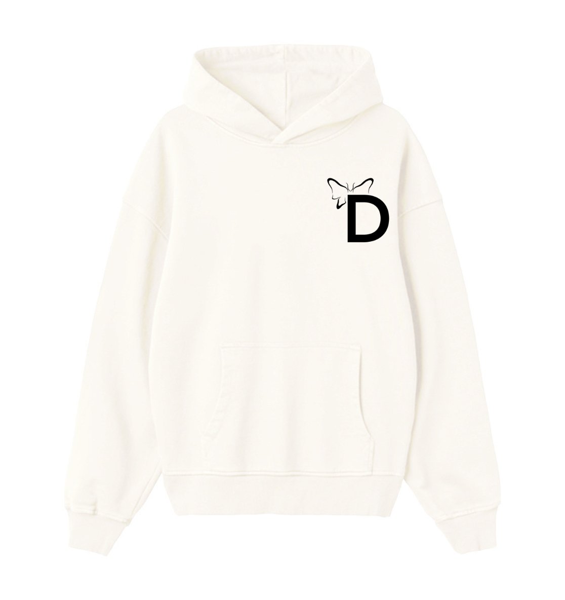 Oversized creme hoodie voor heren en dames van DESONS, met een minimalistisch vlinderlogo op de borst. Luxe streetwear hoodie.