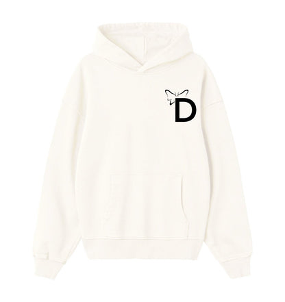 Oversized creme hoodie voor heren en dames van DESONS, met een minimalistisch vlinderlogo op de borst. Luxe streetwear hoodie.