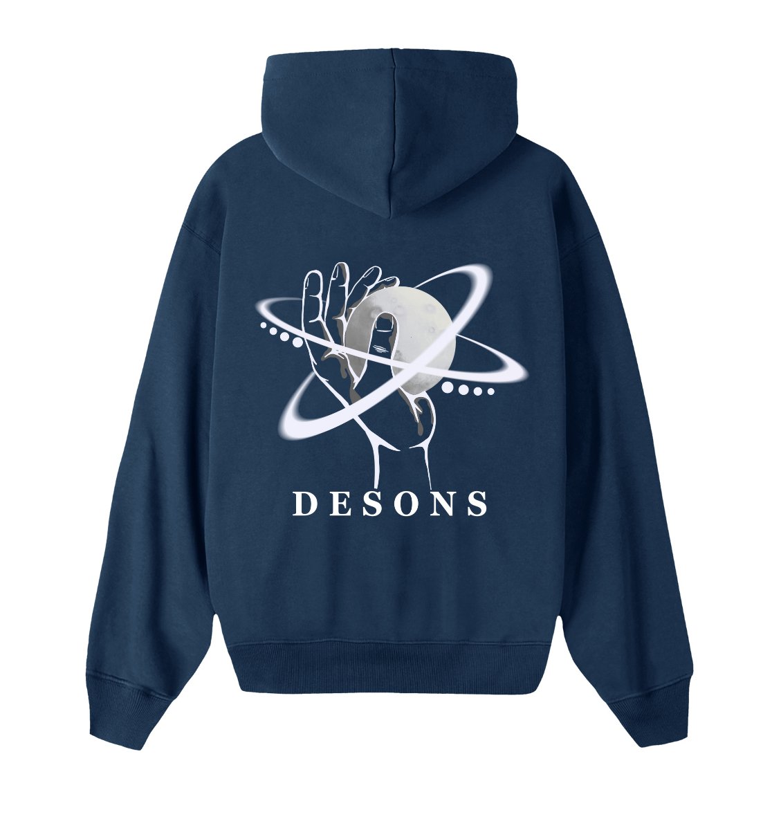 Oversized donkerblauwe hoodie voor heren en dames van DESONS, met een opvallende witte print van een hand die een planeet vasthoudt en orbitale lijnen. Luxe streetwear hoodie.