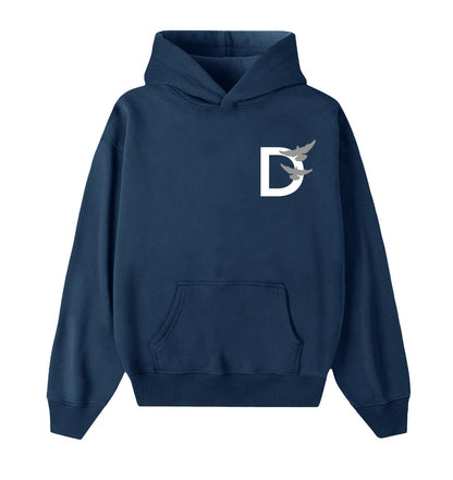Oversized donkerblauwe hoodie voor heren en dames van DESONS, met een minimalistisch wit duiflogo op de borst. Luxe streetwear hoodie.