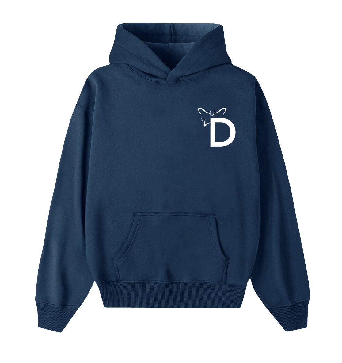 Oversized donkerblauwe hoodie voor heren en dames van DESONS, met een minimalistisch vlinderlogo op de borst. Luxe streetwear hoodie.