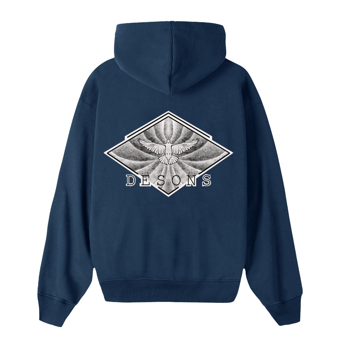 Oversized donkerblauwe hoodie voor heren en dames van DESONS, met een opvallende witte print van een vliegende duif in een geometrisch ontwerp op de achterkant. Luxe streetwear hoodie.