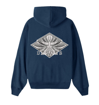 Oversized donkerblauwe hoodie voor heren en dames van DESONS, met een opvallende witte print van een vliegende duif in een geometrisch ontwerp op de achterkant. Luxe streetwear hoodie.