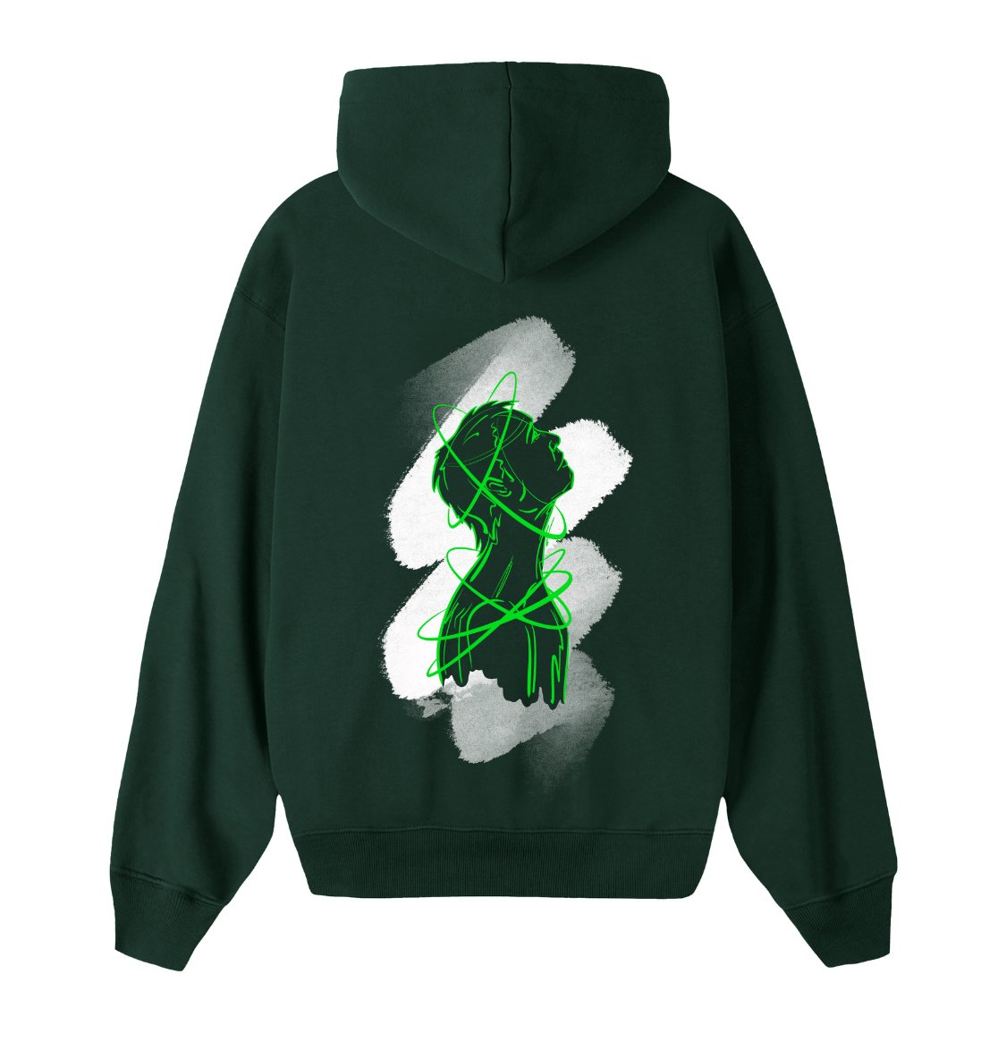 Oversized groene hoodie voor heren en dames van DESONS, met een opvallend neon portretontwerp in groen en witte accenten op de achterkant. Luxe streetwear hoodie.