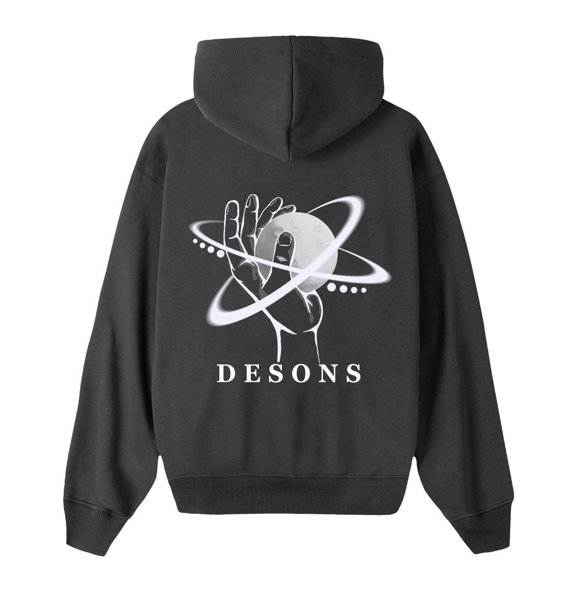 Oversized grijze hoodie voor heren en dames van DESONS, met een opvallende witte print van een hand die een planeet vasthoudt en orbitale lijnen. Luxe streetwear hoodie.