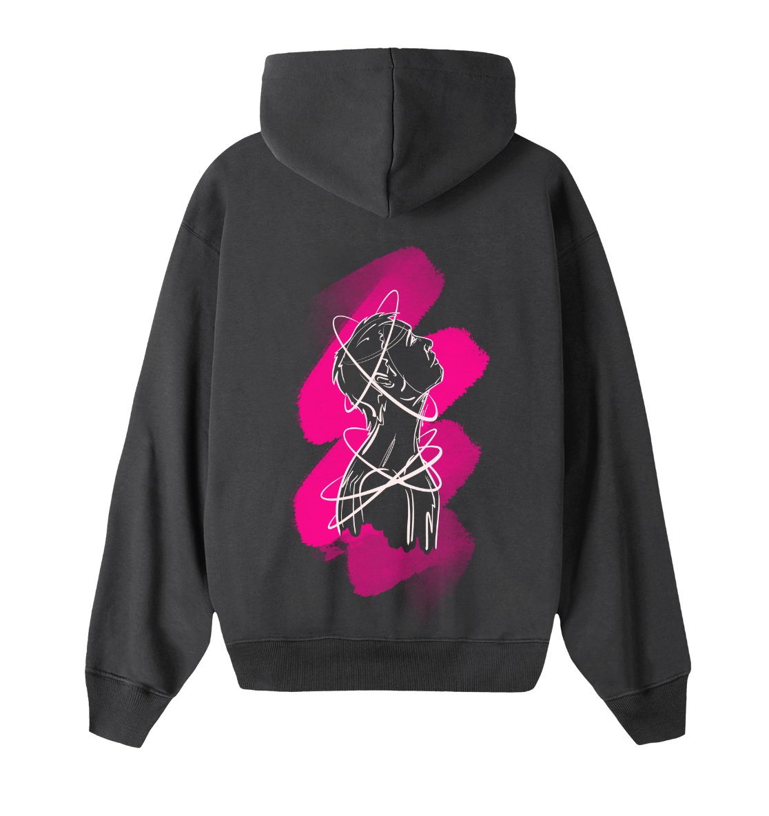 Oversized grijze hoodie voor heren en dames van DESONS, met een opvallend neon roze portretontwerp op de achterkant, gecombineerd met abstracte lijnen en accenten. Luxe streetwear hoodie.