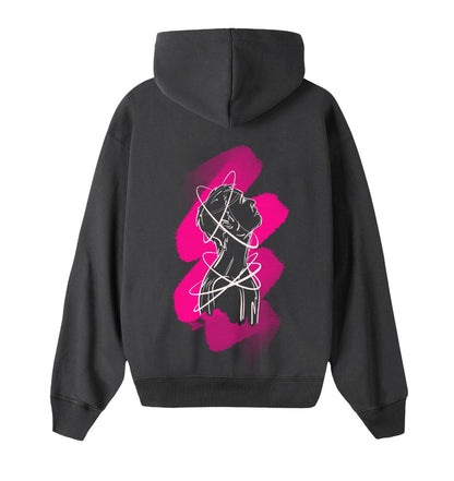 Oversized grijze hoodie voor heren en dames van DESONS, met een opvallend neon roze portretontwerp op de achterkant, gecombineerd met abstracte lijnen en accenten. Luxe streetwear hoodie.