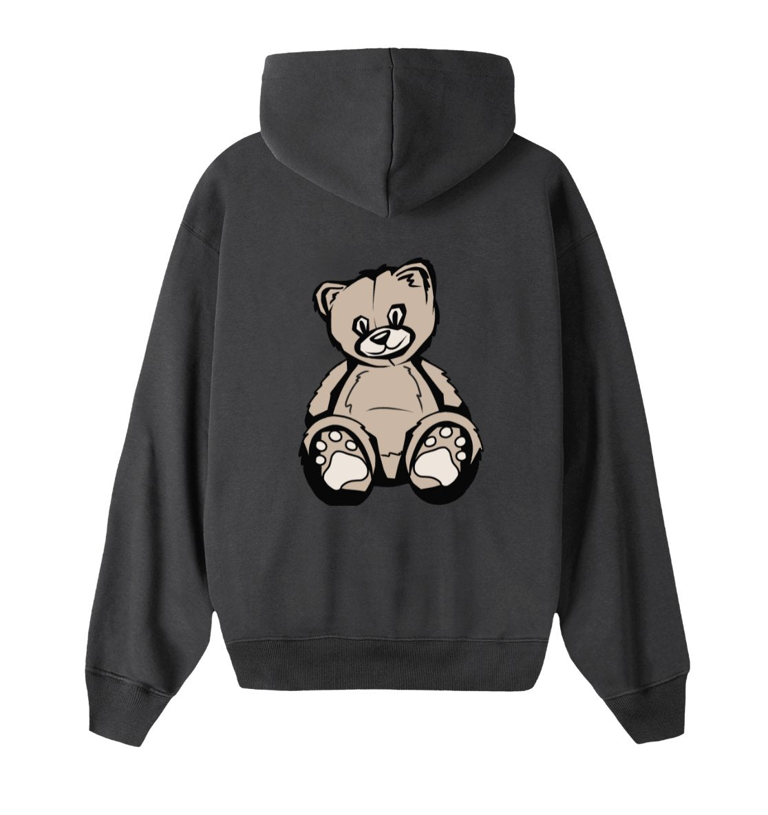 Oversized hoodie in grijs voor heren en dames van DESONS, met een grote teddybeerprint op de achterkant. Luxe en speelse streetwear hoodie.
