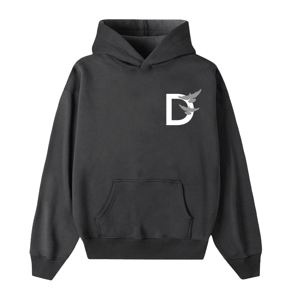 Oversized grijze hoodie voor heren en dames van DESONS, met een minimalistisch wit duiflogo op de borst. Luxe streetwear hoodie.