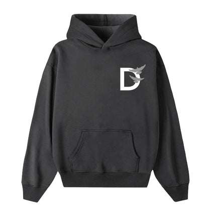 Oversized grijze hoodie voor heren en dames van DESONS, met een minimalistisch wit duiflogo op de borst. Luxe streetwear hoodie.
