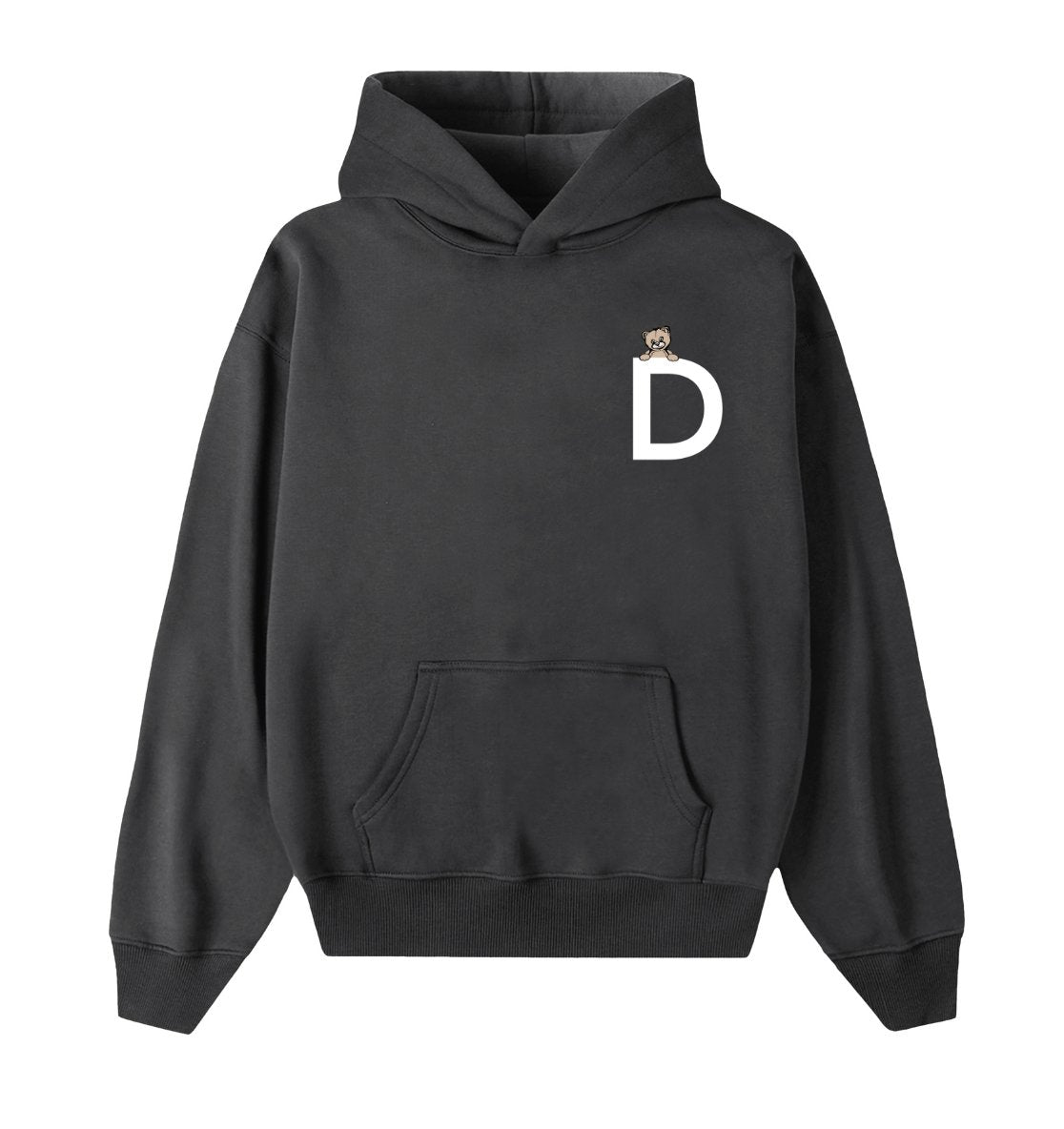 Oversized hoodie in grijs voor heren en dames van DESONS, met een minimalistisch wit logo en teddybeeraccent op de borst. Luxe streetwear hoodie.