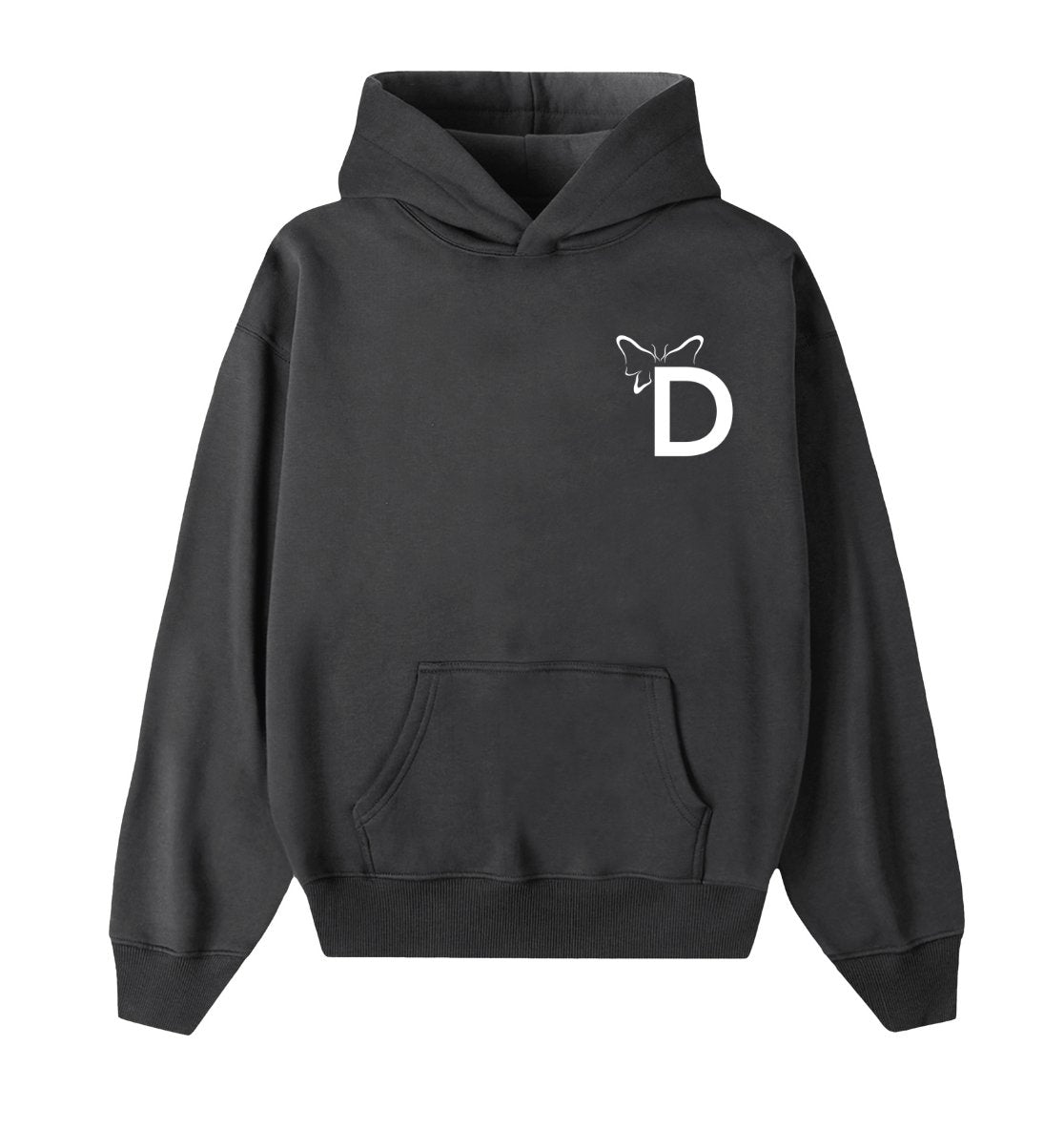 Oversized grijze hoodie voor heren en dames van DESONS, met een minimalistisch vlinderlogo op de borst. Luxe streetwear hoodie.