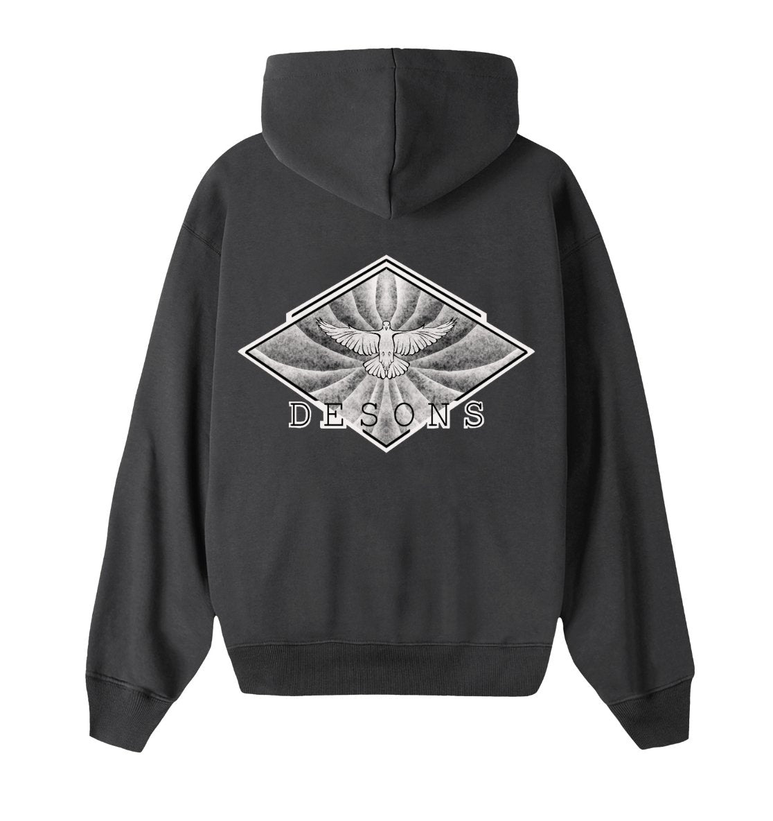 Oversized grijze hoodie voor heren en dames van DESONS, met een opvallende witte print van een vliegende duif in een geometrisch ontwerp op de achterkant. Luxe streetwear hoodie.
