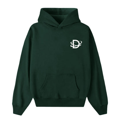 Oversized groene hoodie voor heren en dames van DESONS, met een minimalistisch wit hand-planeet logo op de borst. Luxe streetwear hoodie.