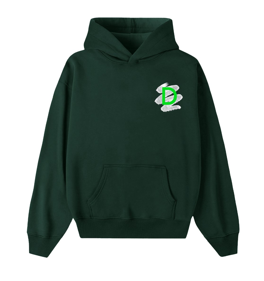 Oversized groene hoodie voor heren en dames van DESONS, met een minimalistisch logo in neon groen op de borst. Luxe streetwear hoodie.