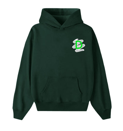 Oversized groene hoodie voor heren en dames van DESONS, met een minimalistisch logo in neon groen op de borst. Luxe streetwear hoodie.