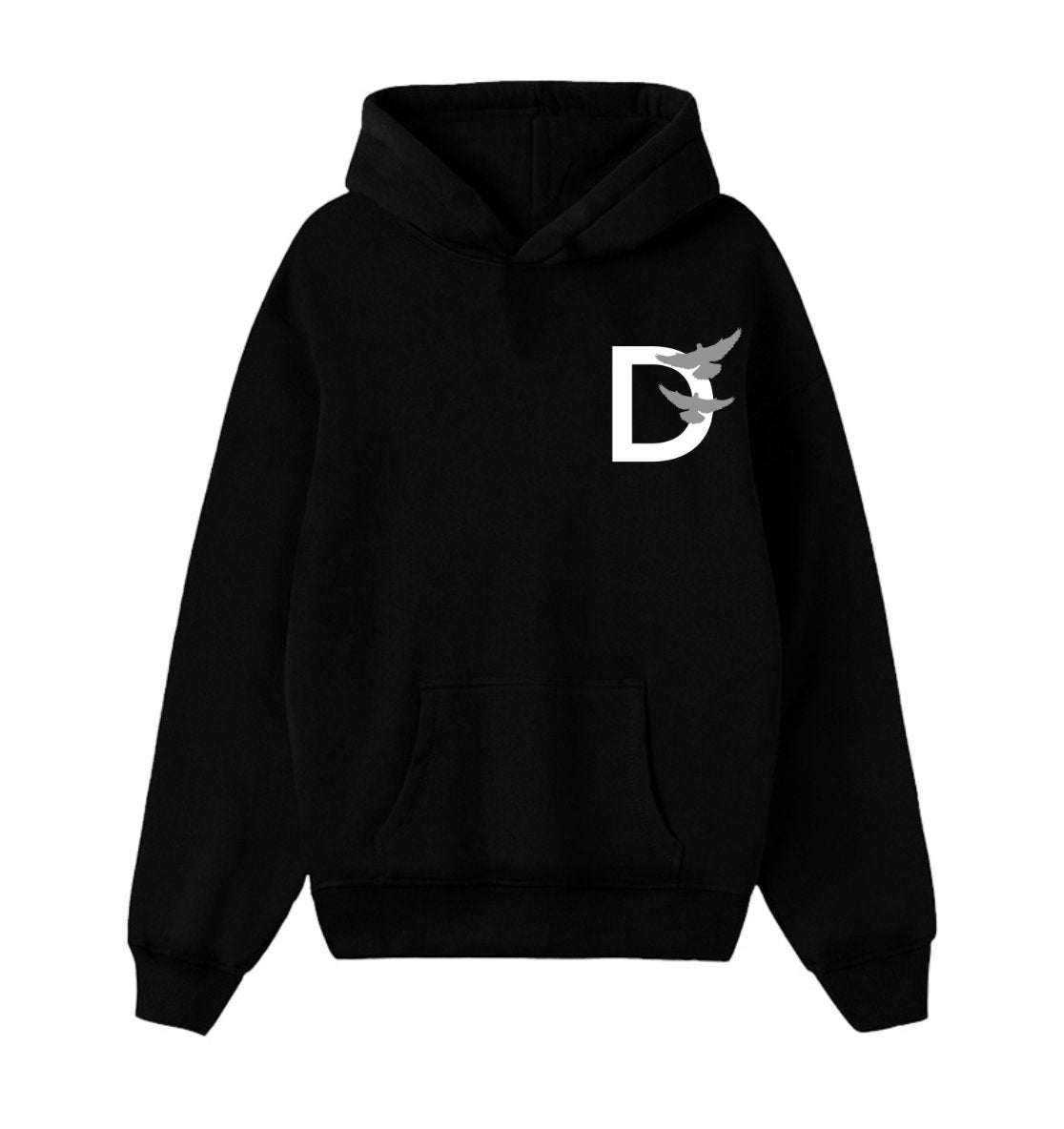 Oversized zwarte hoodie voor heren en dames van DESONS, met een minimalistisch wit duiflogo op de borst. Luxe streetwear hoodie.