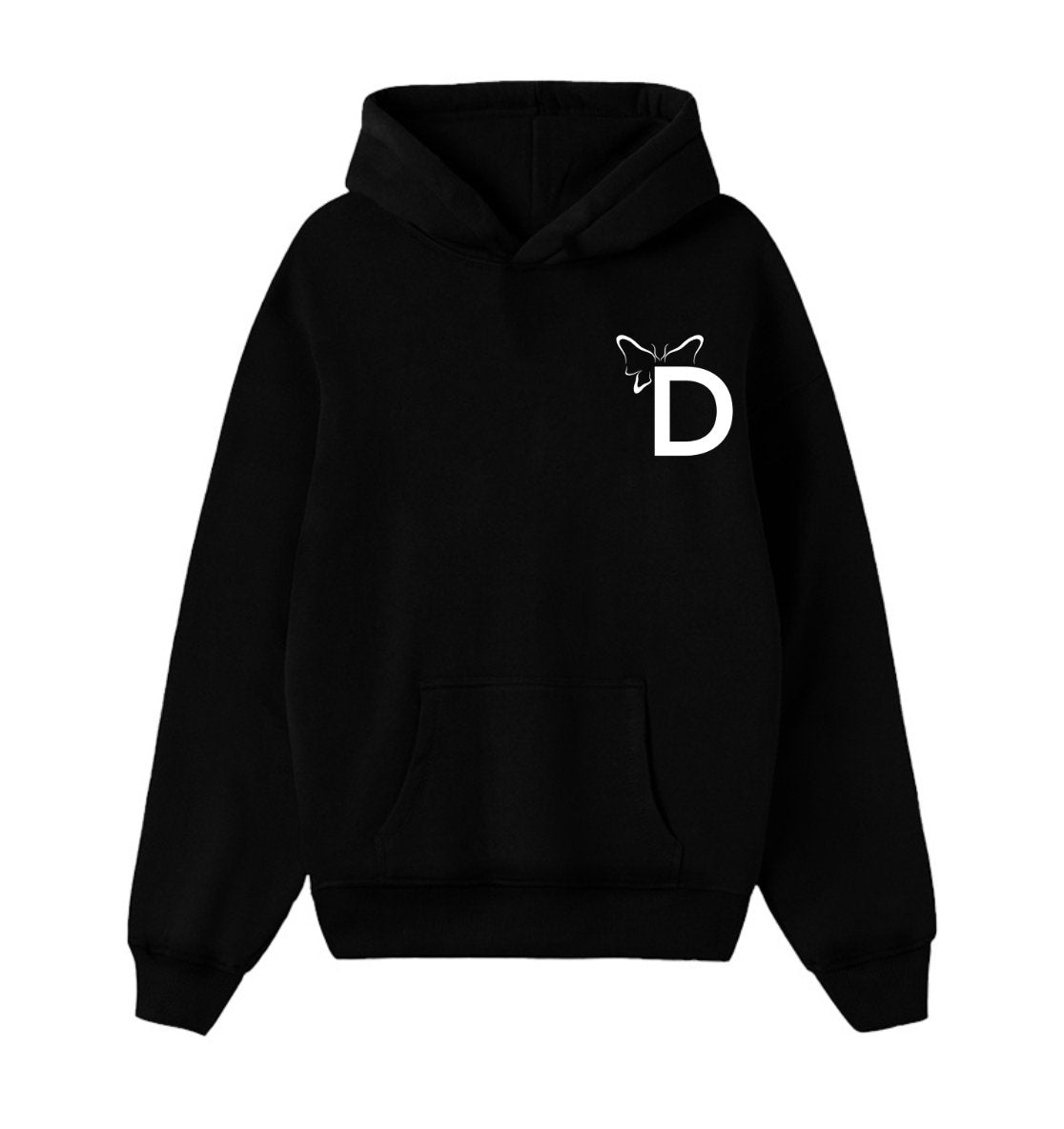 Oversized zwarte hoodie voor heren en dames van DESONS, met een minimalistisch vlinderlogo op de borst. Luxe streetwear hoodie.