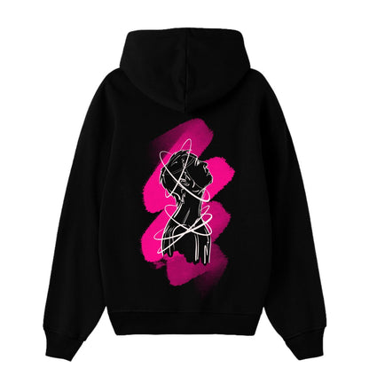 Oversized zwarte hoodie voor heren en dames van DESONS, met een opvallend neon roze portretontwerp op de achterkant, gecombineerd met abstracte lijnen en accenten. Luxe streetwear hoodie.