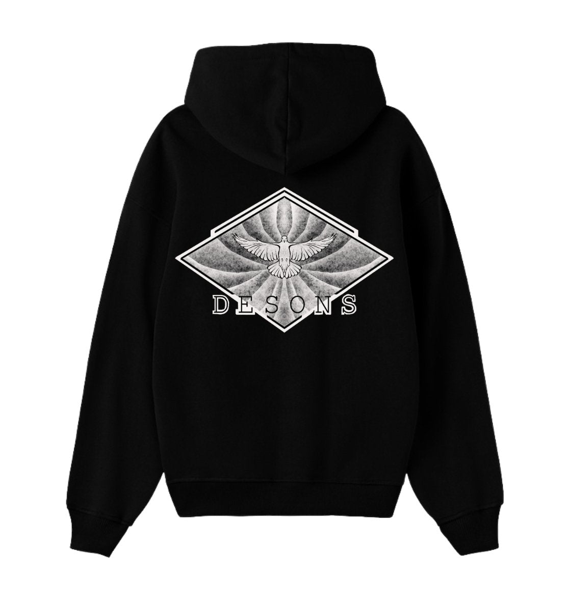 Oversized zwarte hoodie voor heren en dames van DESONS, met een opvallende witte print van een vliegende duif in een geometrisch ontwerp op de achterkant. Luxe streetwear hoodie.