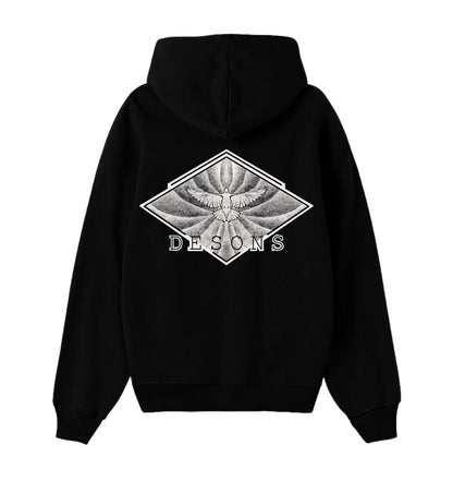 Oversized zwarte hoodie voor heren en dames van DESONS, met een opvallende witte print van een vliegende duif in een geometrisch ontwerp op de achterkant. Luxe streetwear hoodie.