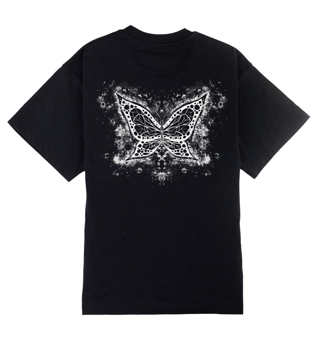 Oversized zwart T-shirt voor heren en dames van DESONS, met een opvallende witte vlinderprint op de achterkant. Luxe streetwear T-shirt.