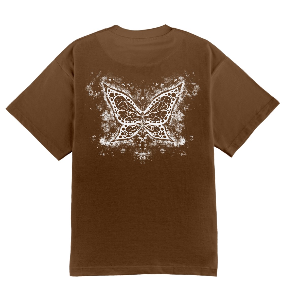 Oversized bruin T-shirt voor heren en dames van DESONS, met een opvallende witte vlinderprint op de achterkant. Luxe streetwear T-shirt.