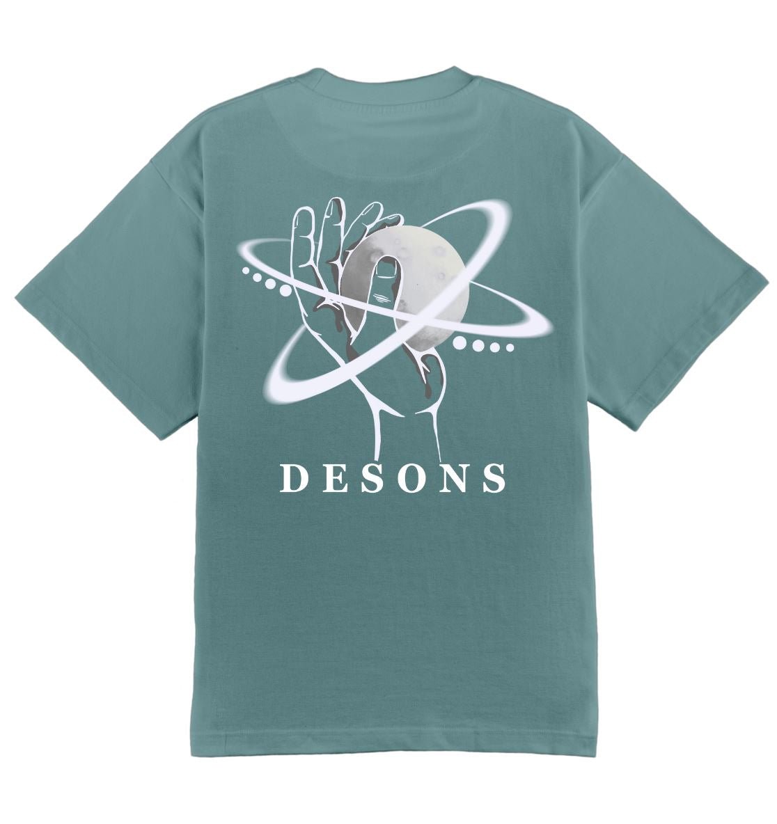 Oversized citadel DESONS t-shirt voor heren en dames met een hand en planeetontwerp, orbitale lijnen, luxe oversized streetwear.