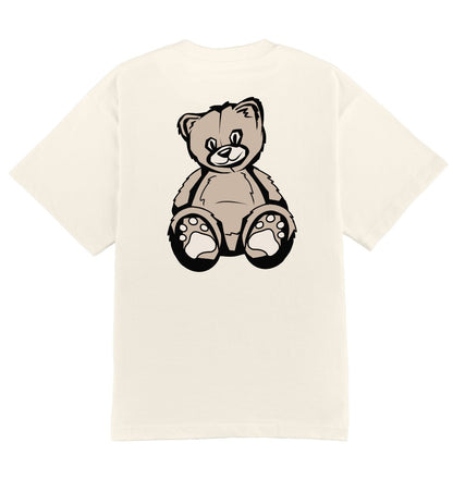 Oversized T-shirt in creme voor heren en dames van DESONS, met een grote teddybeerprint op de achterkant. Luxe en speels streetwear T-shirt.