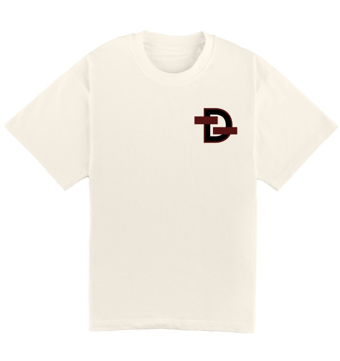 Oversized creme T-shirt voor heren en dames van DESONS, met een minimalistisch rood logo op de borst. Luxe streetwear T-shirt.