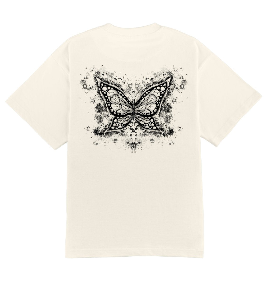 Oversized creme T-shirt voor heren en dames van DESONS, met een opvallende witte vlinderprint op de achterkant. Luxe streetwear T-shirt.