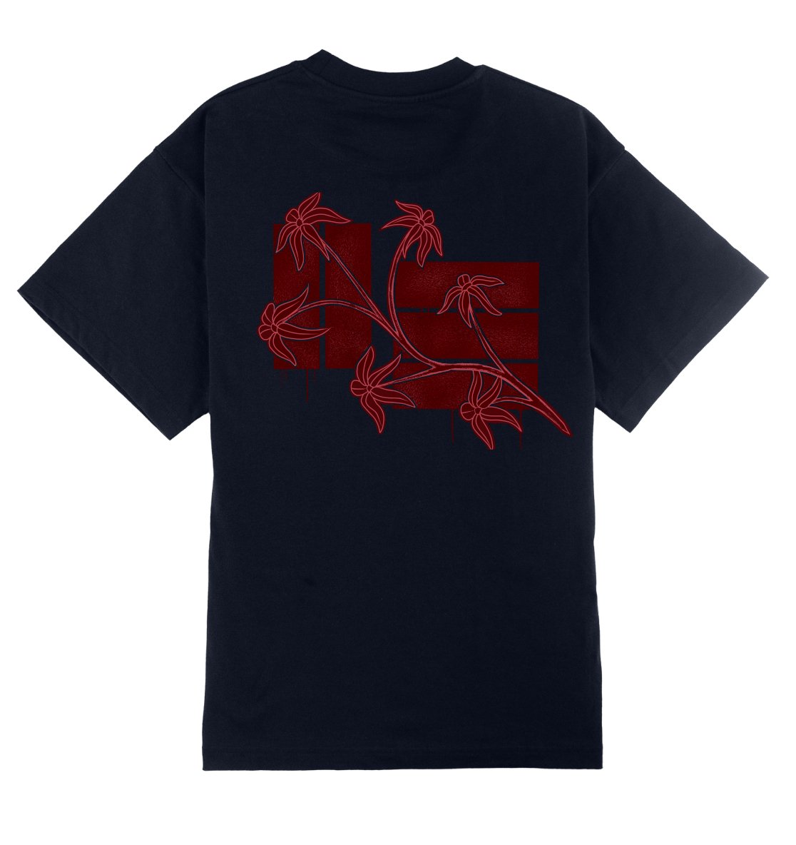 Oversized donkerblauw T-shirt voor heren en dames van DESONS, met een opvallend rode bloemprintontwerp op de achterkant, gecombineerd met abstracte vormen. Luxe streetwear T-shirt.