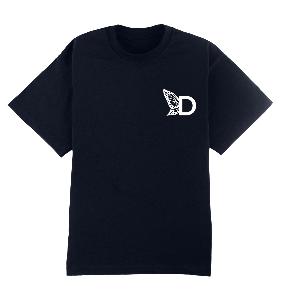 Oversized donkerblauw T-shirt voor heren en dames van DESONS, met een minimalistisch wit vlinderlogo op de borst. Perfect voor streetwear.