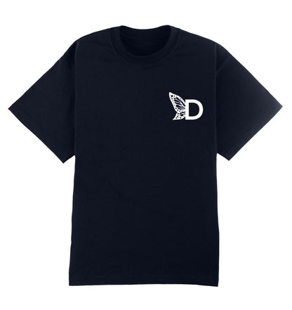 Oversized donkerblauw T-shirt voor heren en dames van DESONS, met een minimalistisch wit vlinderlogo op de borst. Perfect voor streetwear.