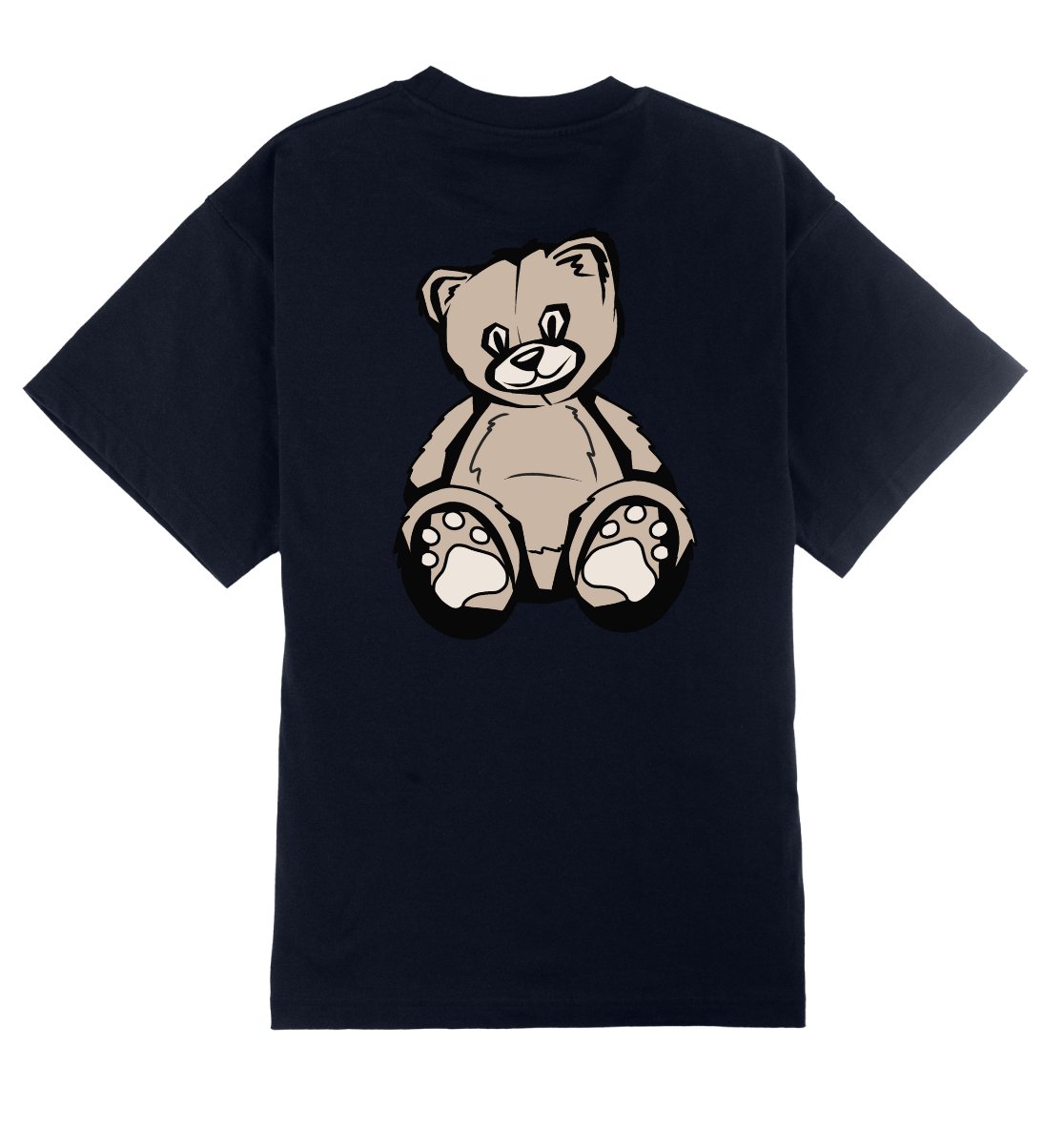 Oversized T-shirt in donkerblauw voor heren en dames van DESONS, met een grote teddybeerprint op de achterkant. Luxe en speels streetwear T-shirt.