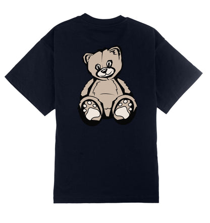 Oversized T-shirt in donkerblauw voor heren en dames van DESONS, met een grote teddybeerprint op de achterkant. Luxe en speels streetwear T-shirt.